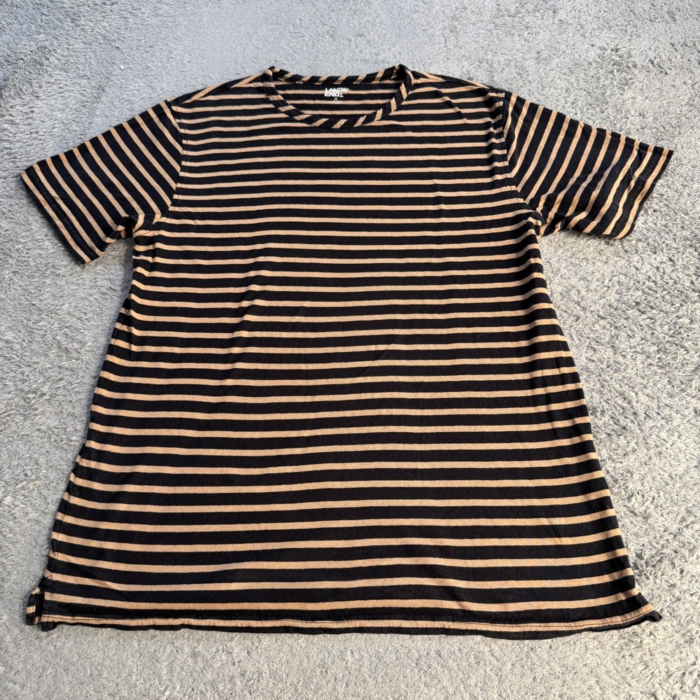 Lands End Men M Linen Cotton T-Shirt Black Tan Striped Crew Neck Side Slit Tee